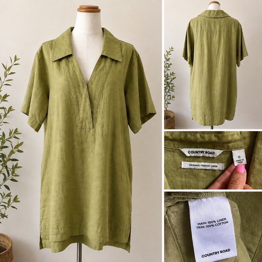 Country Road Linen Tunic Dress Womens 12 Olive Green Coastal Lagenlook V-Neck